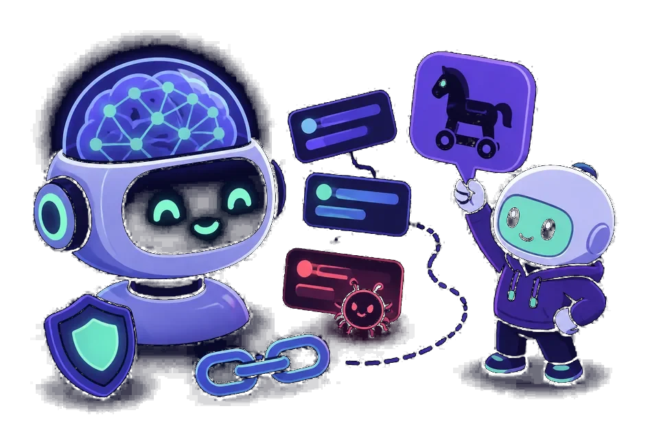Cartoon security tester sending a malicious prompt to an AI assistant to test its guardrails