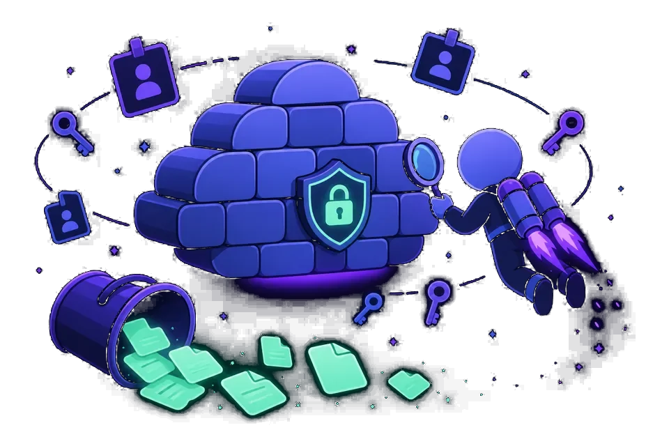 Cartoon security tester reviewing cloud identity, keys, and an exposed storage bucket