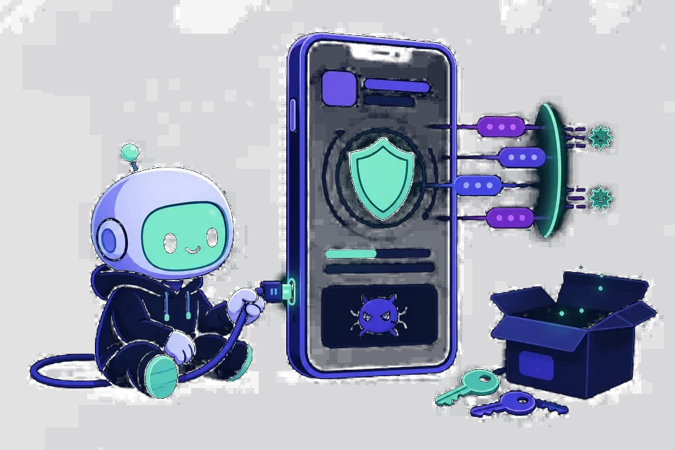 Cartoon security tester intercepting mobile app traffic and inspecting the app package