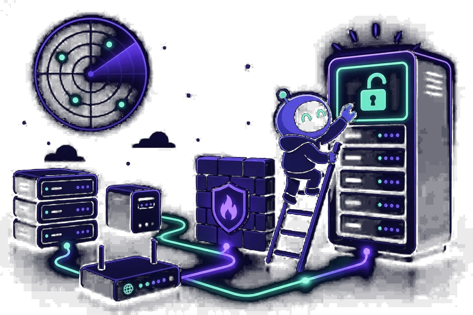 Cartoon security tester reaching an exposed server across a network of racks and firewalls