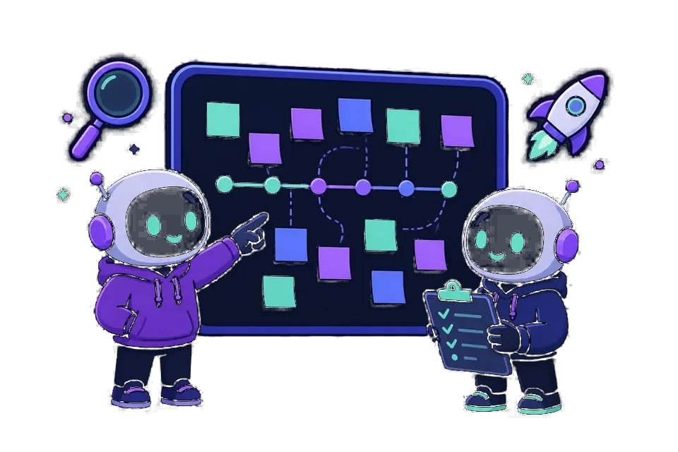 Two cartoon engineers planning a penetration test on a board of tasks and a delivery timeline