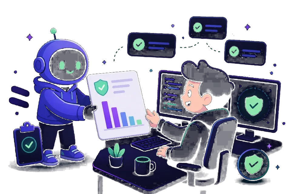 Cartoon security tester handing a penetration testing report with a severity chart to a developer