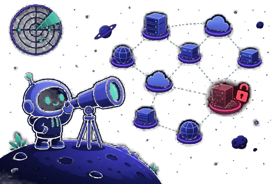 Cartoon security tester using a telescope to discover forgotten internet-facing assets