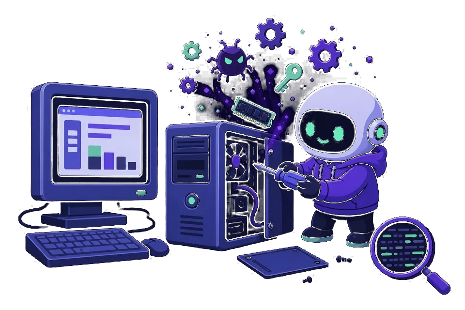Cartoon security tester opening a desktop computer to inspect a thick client application