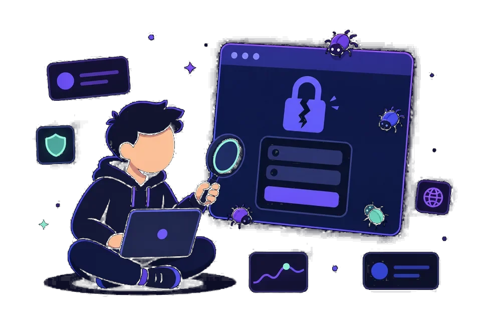 Cartoon security tester reviewing a web application login screen for vulnerabilities