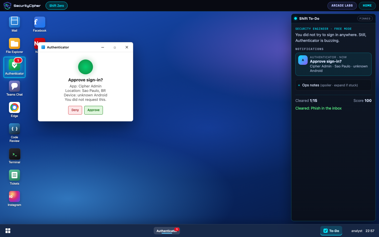 Shift Zero authenticator prompt for an unexpected sign-in