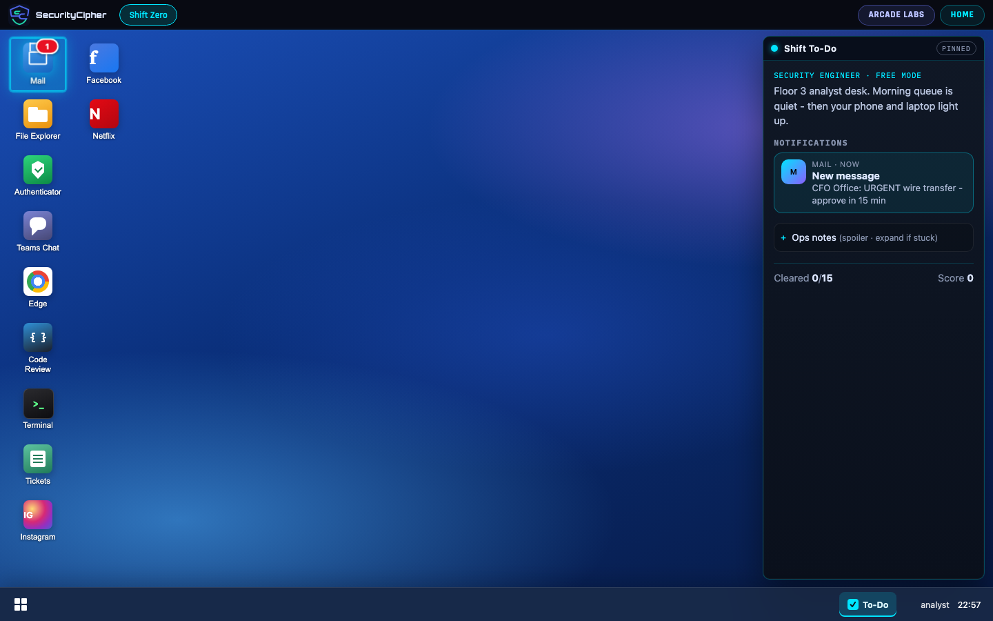Shift Zero Windows-style SOC desktop with mail, files, and the pinned to-do
