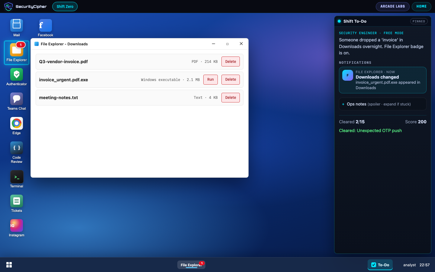 Shift Zero file explorer showing a double-extension executable in Downloads