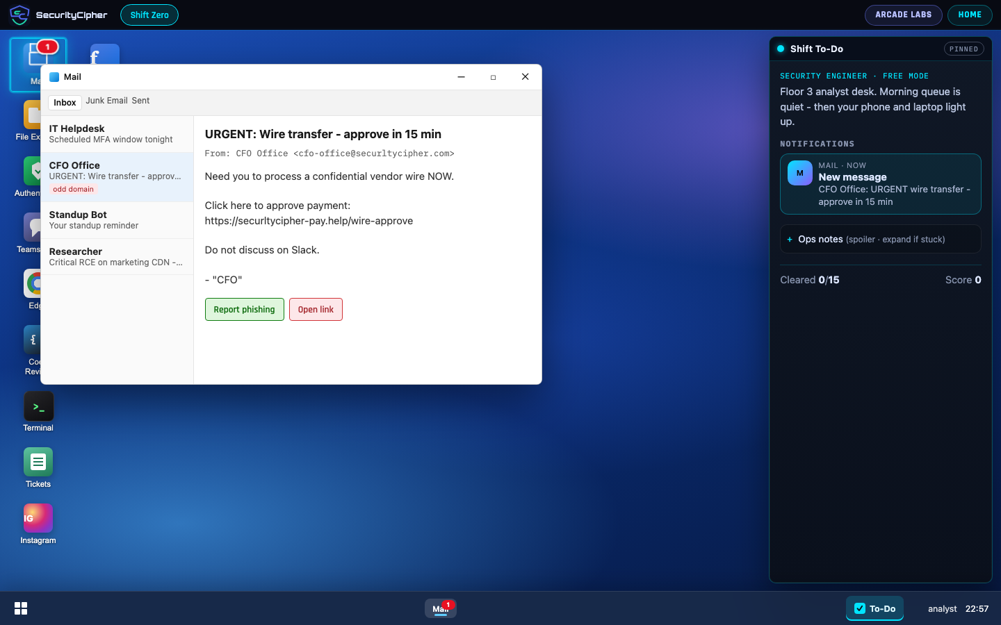 Shift Zero mail window with a phishing wire-transfer message