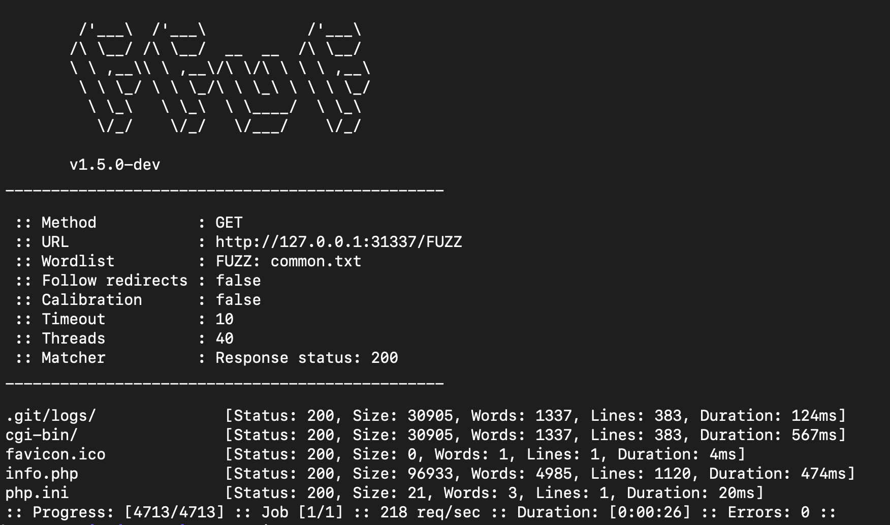 Screenshot showing the FFuF scan results