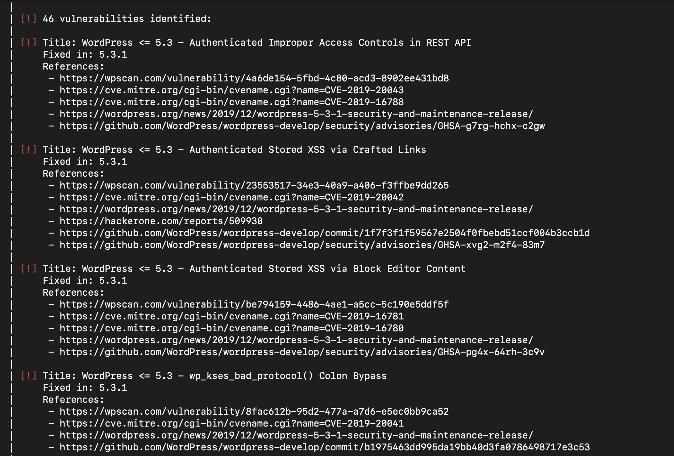 Screenshot showing the wpscan scan results