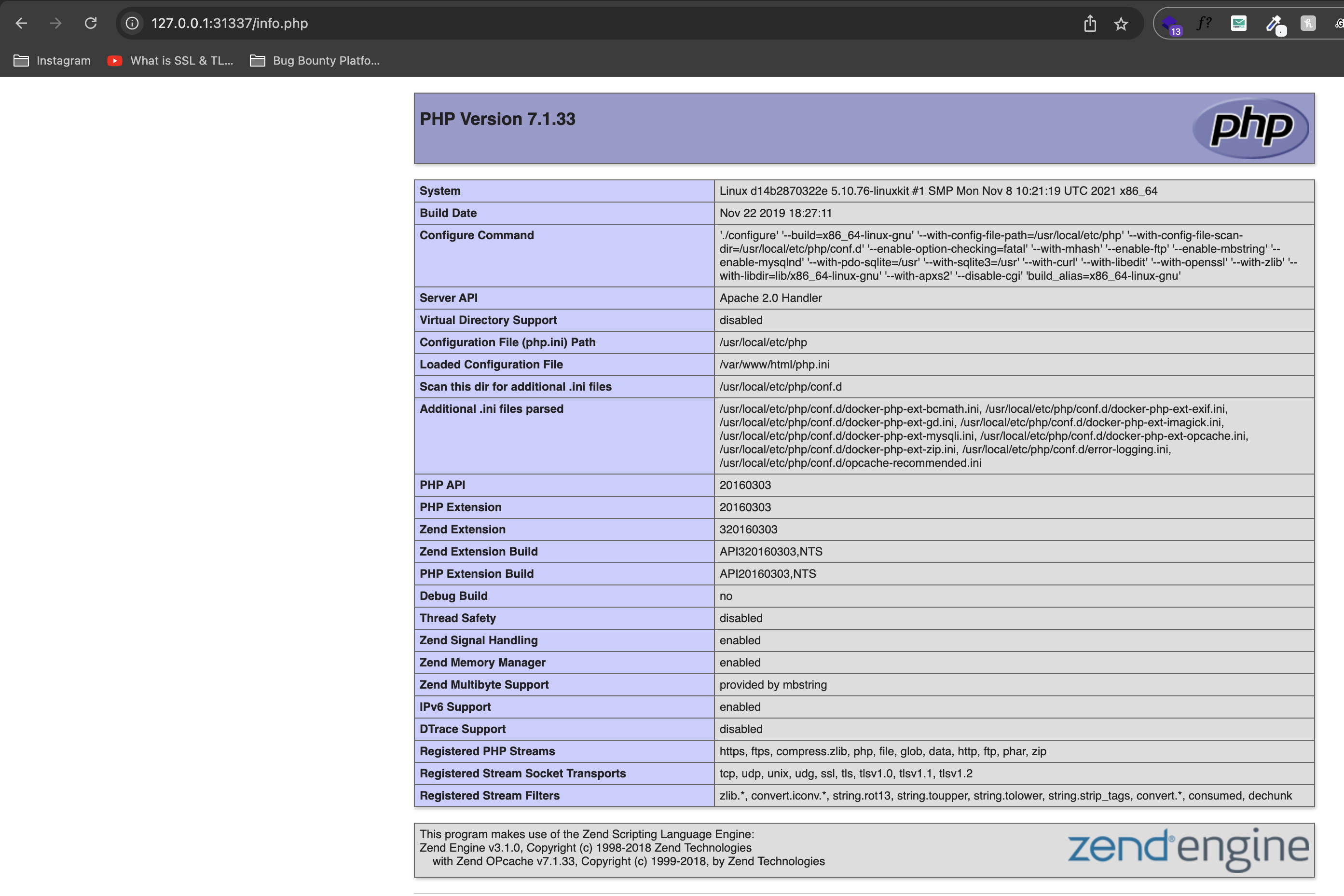 Screenshot showing the information related to info.php file