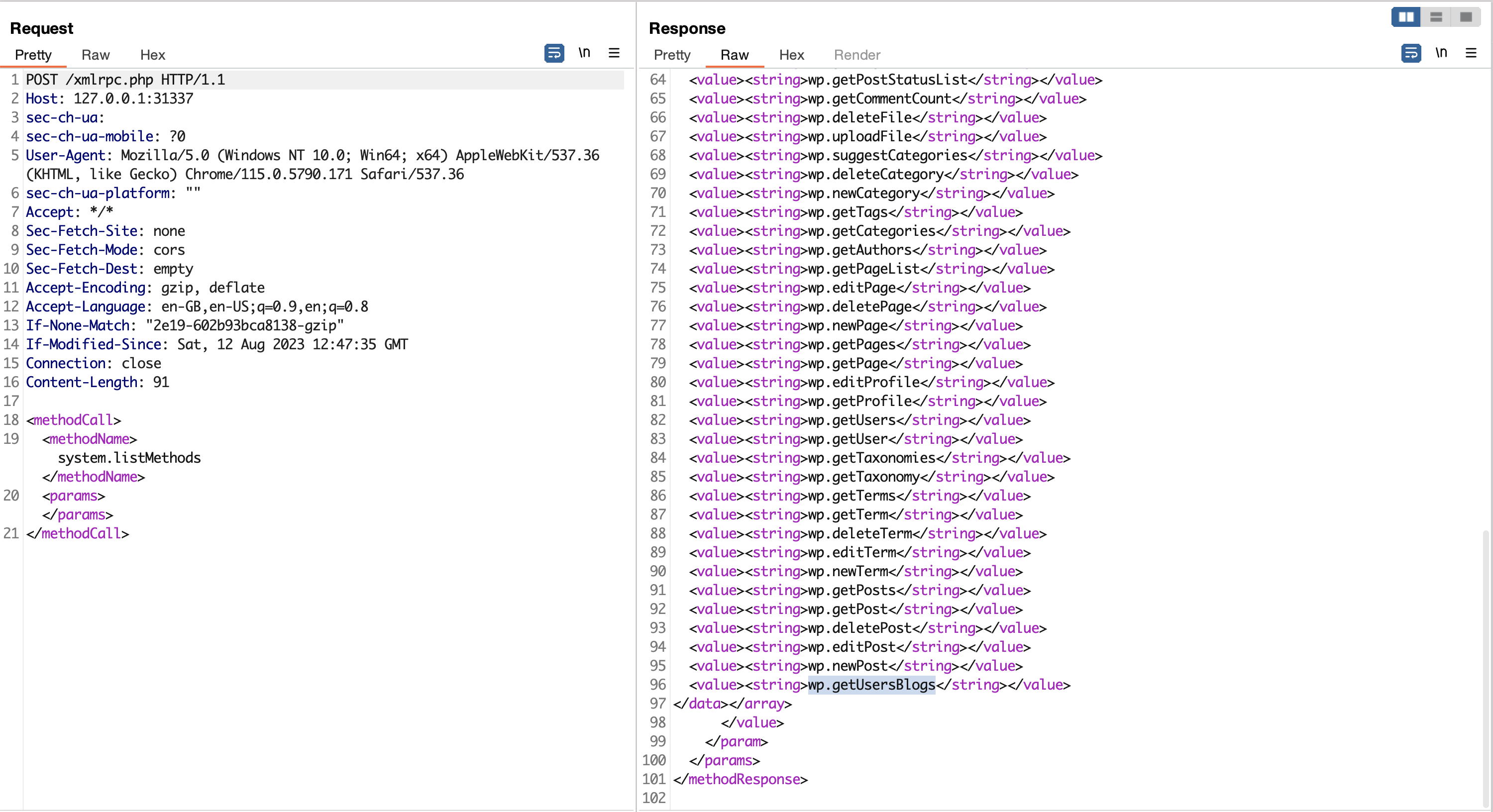 Screenshot showing the list of methods enabled on the server