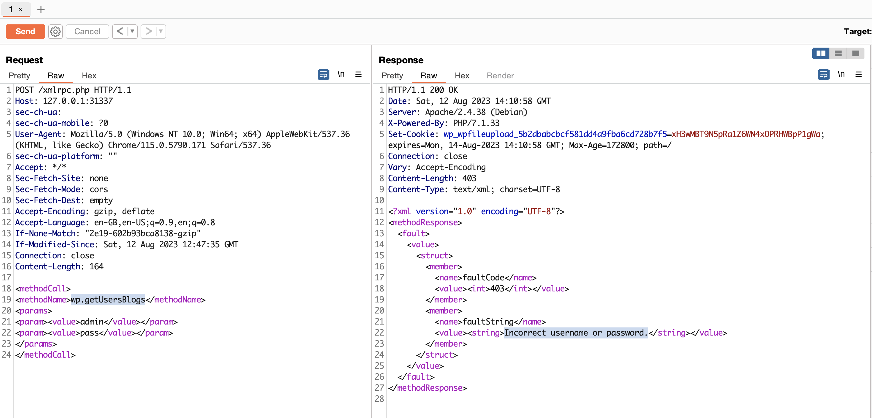 Screenshot showing the 403 response for incorrect password