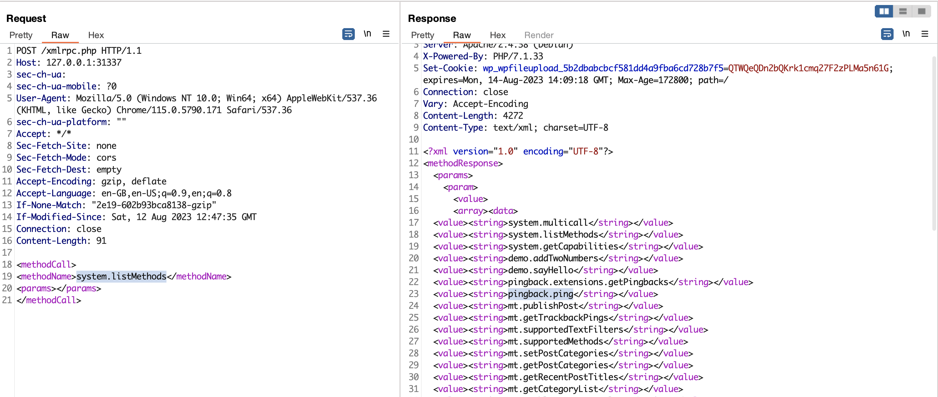Screenshot showing that the "pingback.ping" method is enabled on the server