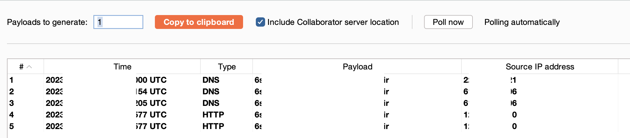 Screenshot showing that we got DNS and HHTp ping on Burp collaborator