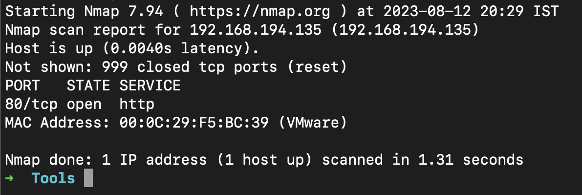 Screenshot showing the nmap scan results
