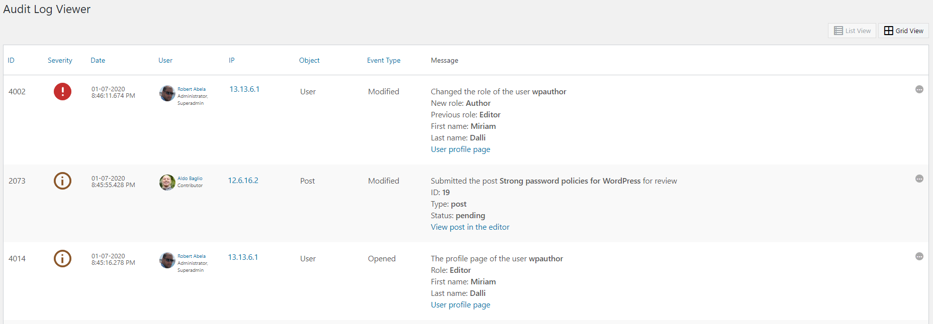 Sample WordPress Activity Logs