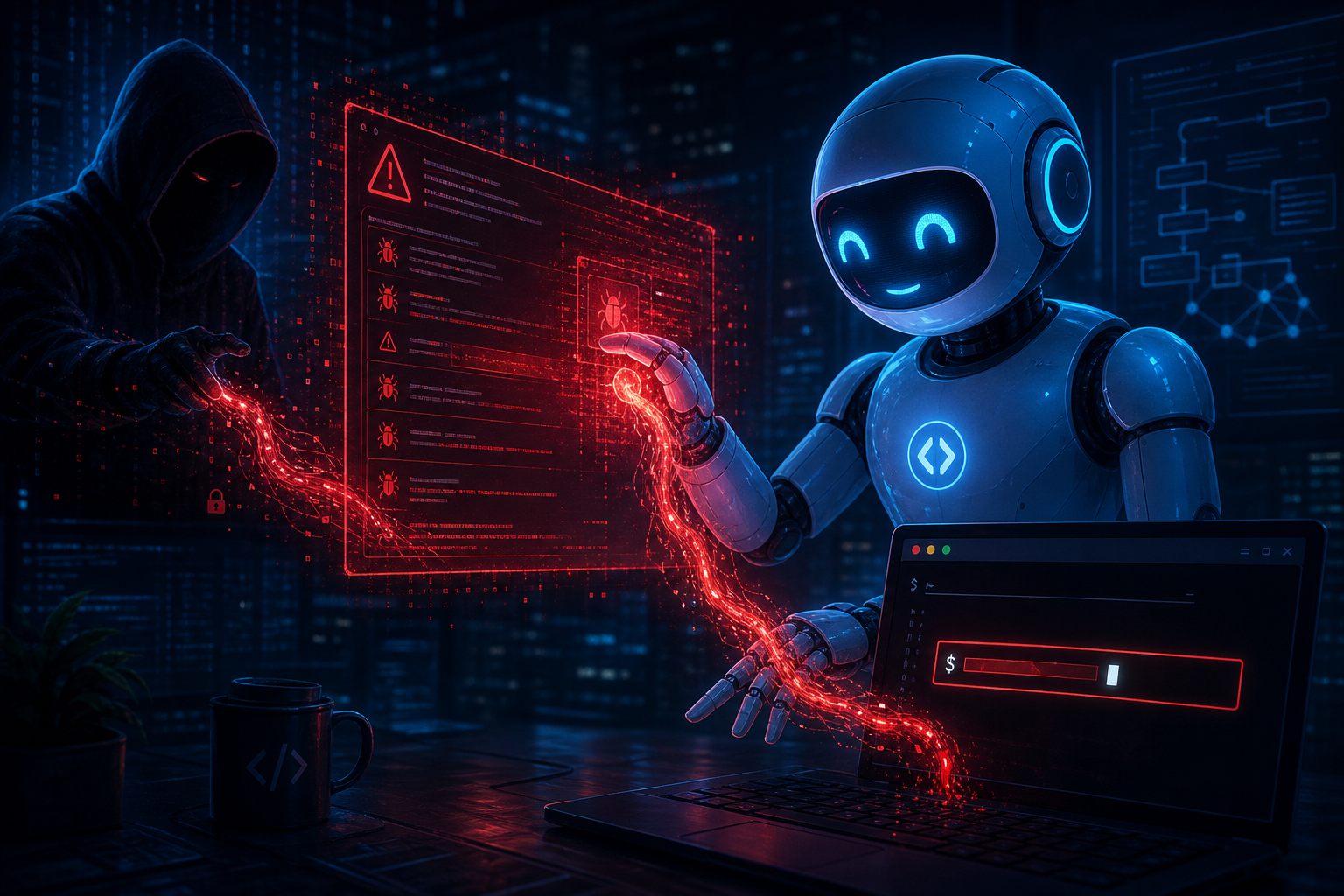 An AI coding agent ingesting a poisoned error report and executing a malicious command on a developer machine