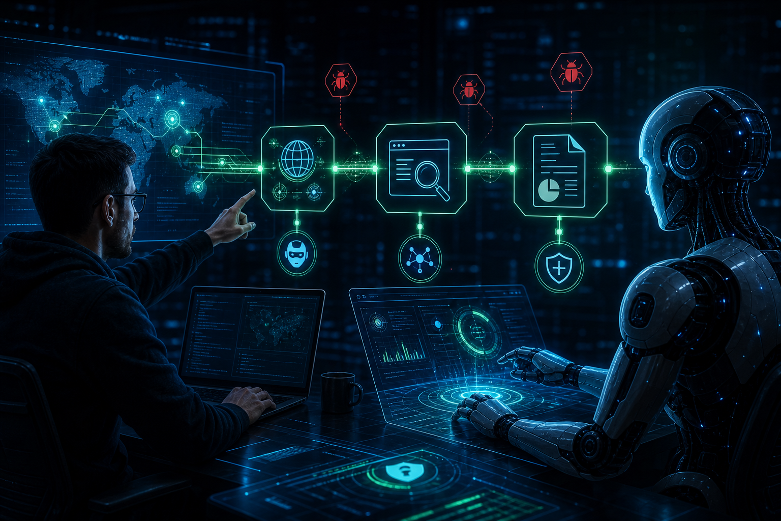 An ethical hacker and an AI assistant working together as part of an AI bug bounty workflow