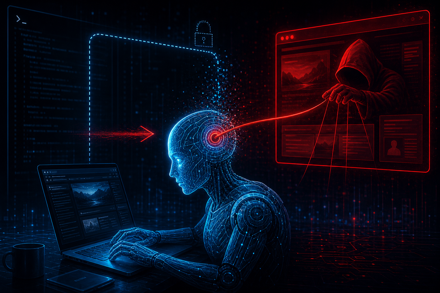 A web-browsing AI agent being hijacked by a malicious web page that reaches across the localhost boundary