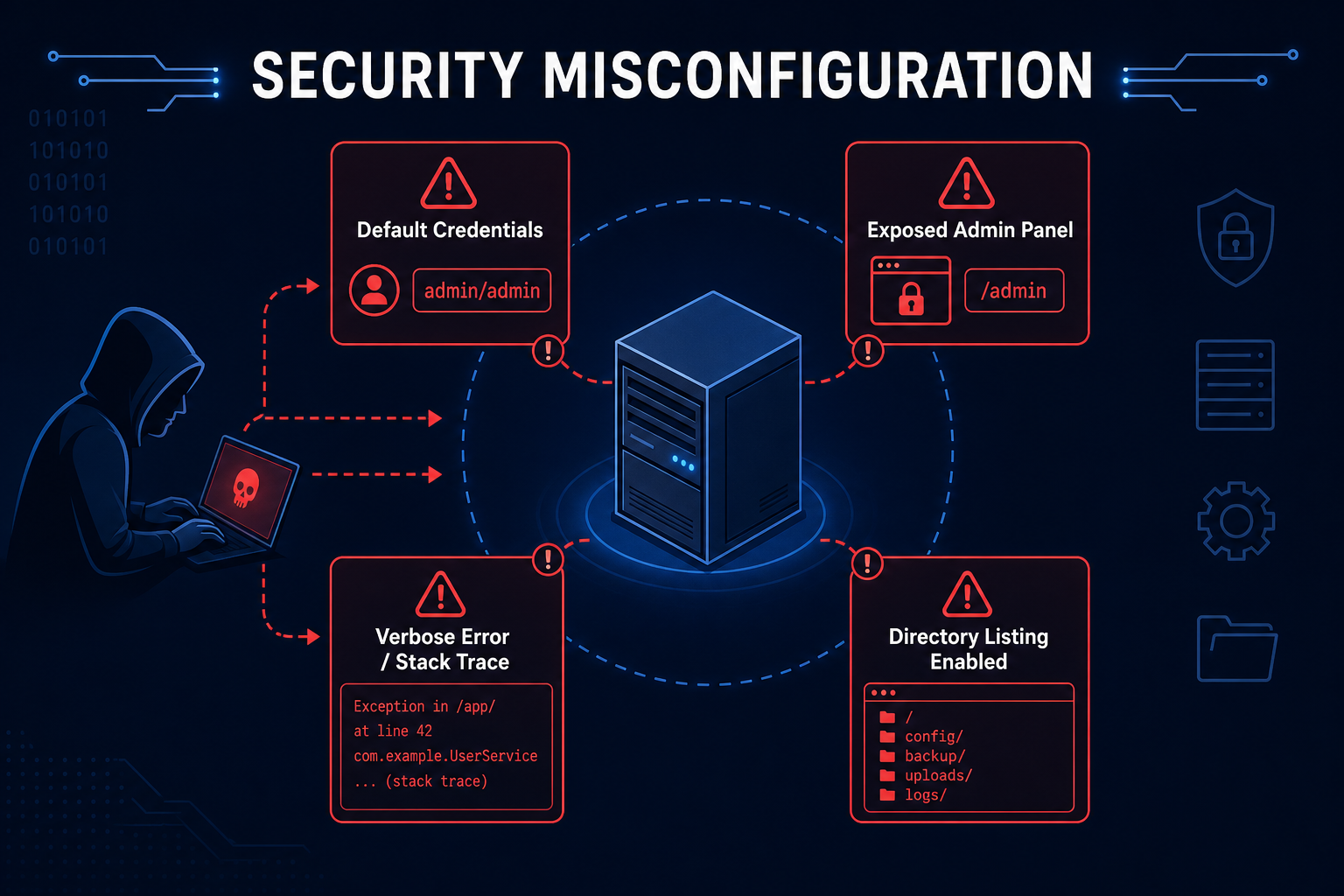 Security misconfiguration diagram showing default credentials, exposed admin panels, and verbose errors