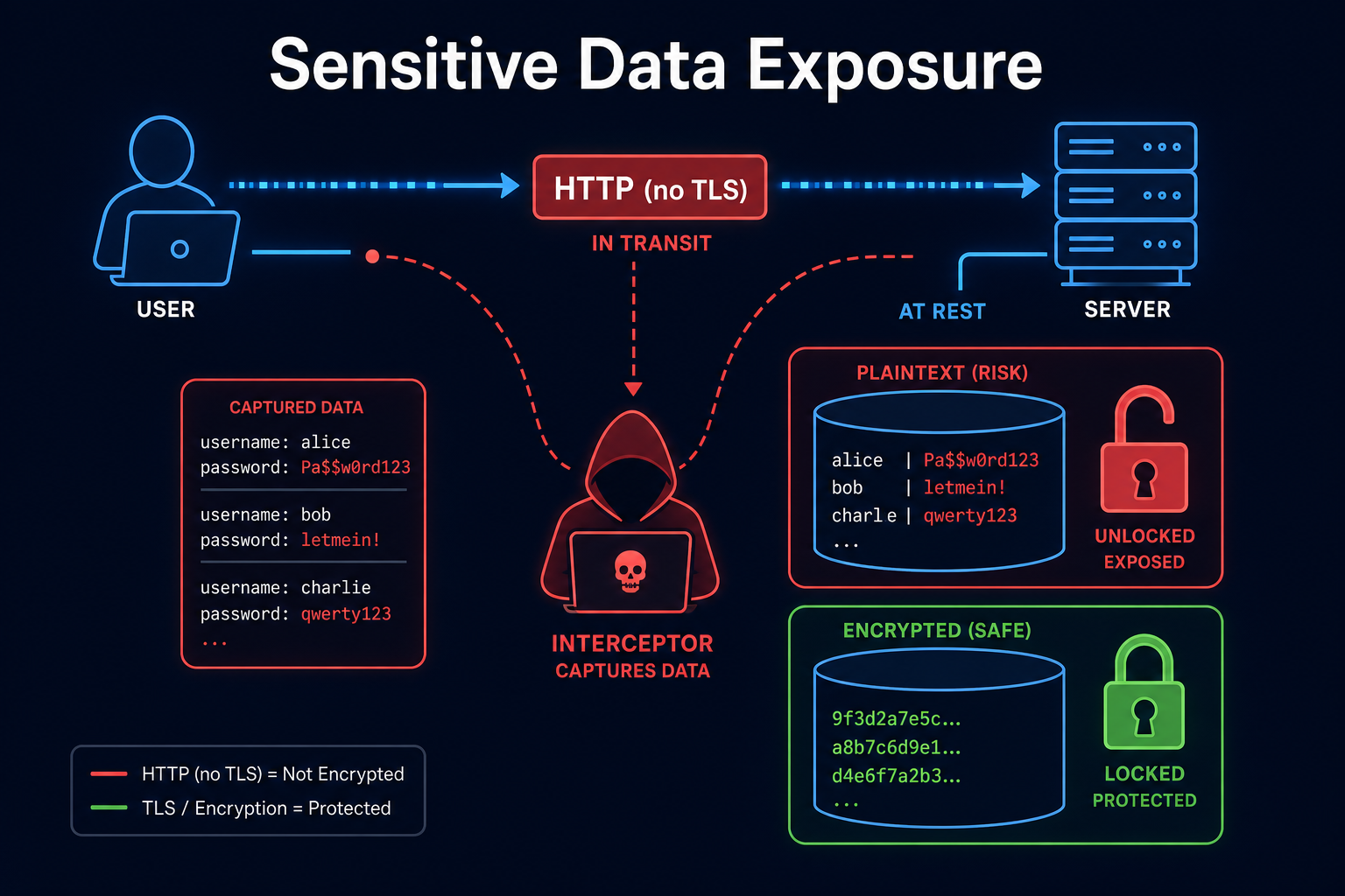 Sensitive data exposure diagram showing plaintext data in transit and at rest being intercepted