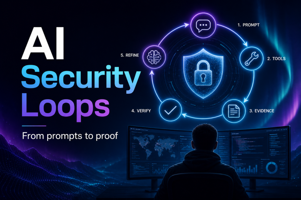 AI Security Loops workflow showing prompt, tools, evidence, verify, and refine around a shield