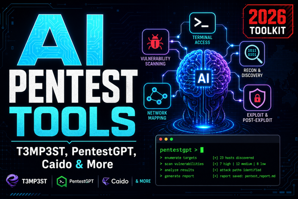 AI Pentest Tools 2026 toolkit thumbnail featuring T3MP3ST, PentestGPT and Caido