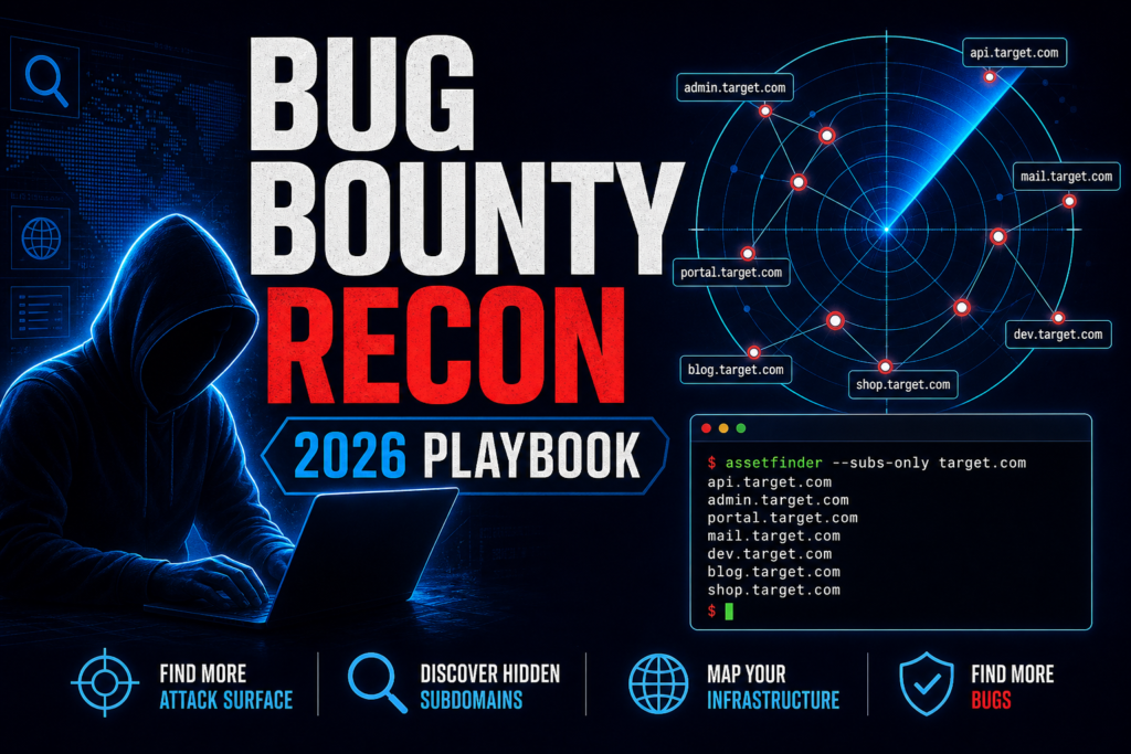 Bug Bounty Recon 2026 Playbook thumbnail showing a hacker, a subdomain radar and a recon terminal