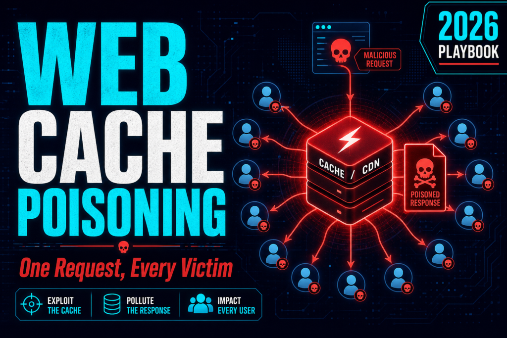 Web Cache Poisoning 2026 playbook thumbnail: one request poisons a CDN cache and serves a malicious response to every victim