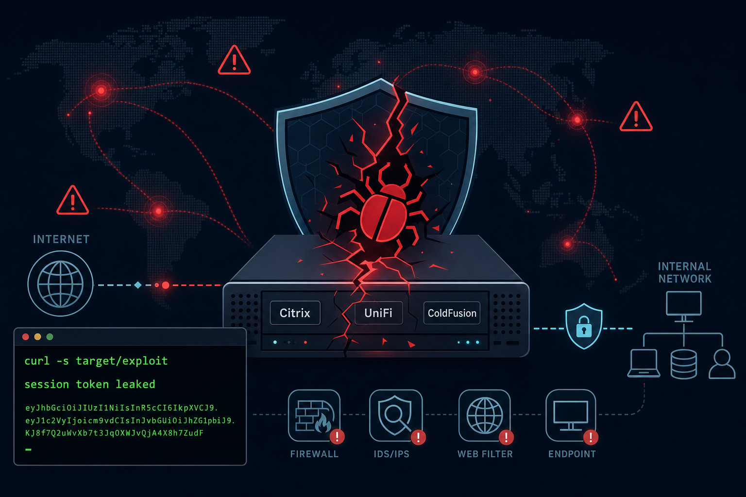 Network edge appliance breached by an exploit, with SimpleHelp, Citrix and ColdFusion tags and a terminal leaking a session token