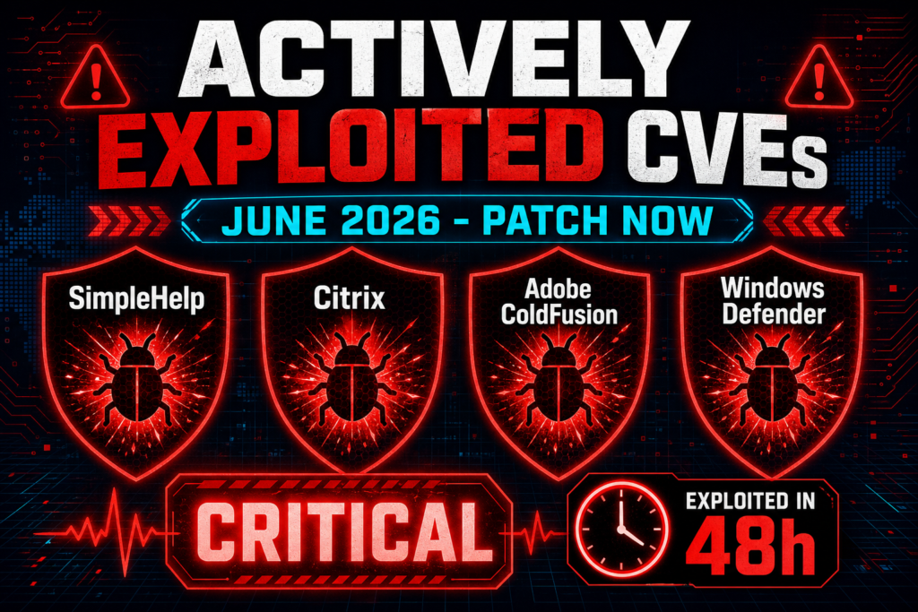 Actively exploited CVEs June 2026 - patch now: SimpleHelp, Citrix, Adobe ColdFusion, Windows Defender