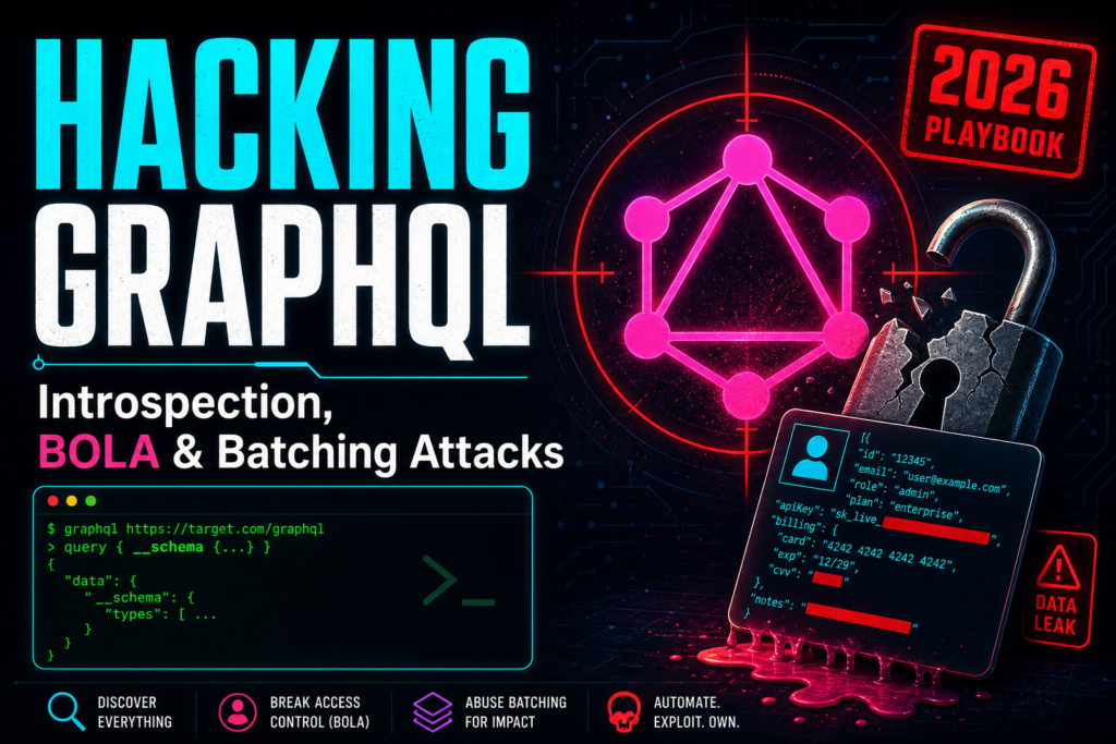 Hacking GraphQL thumbnail: introspection, BOLA and batching attacks, with the GraphQL logo in a crosshair and a leaking data record