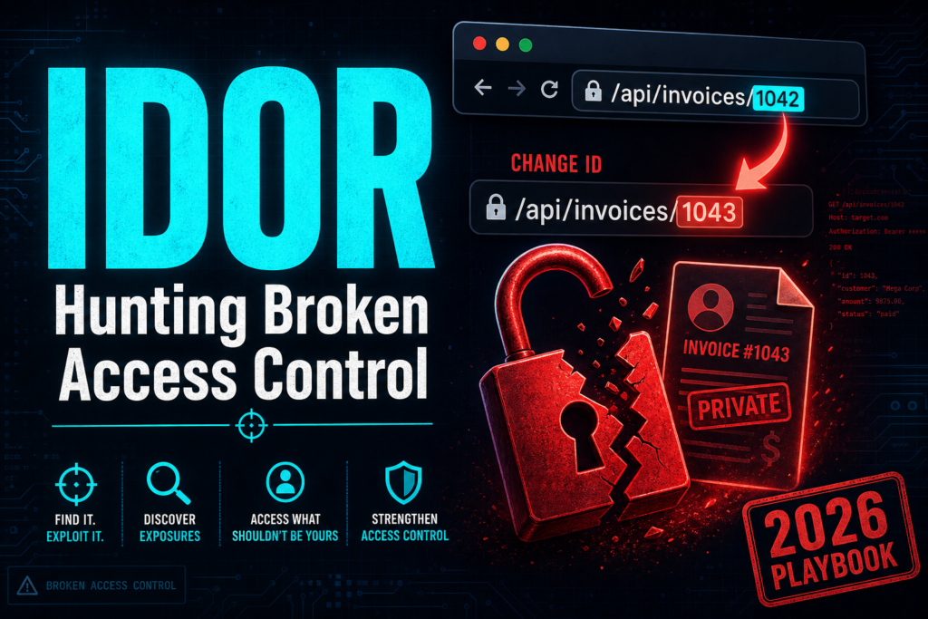 IDOR playbook thumbnail: changing an invoice ID from 1042 to 1043 in a URL to break access control and open a private record