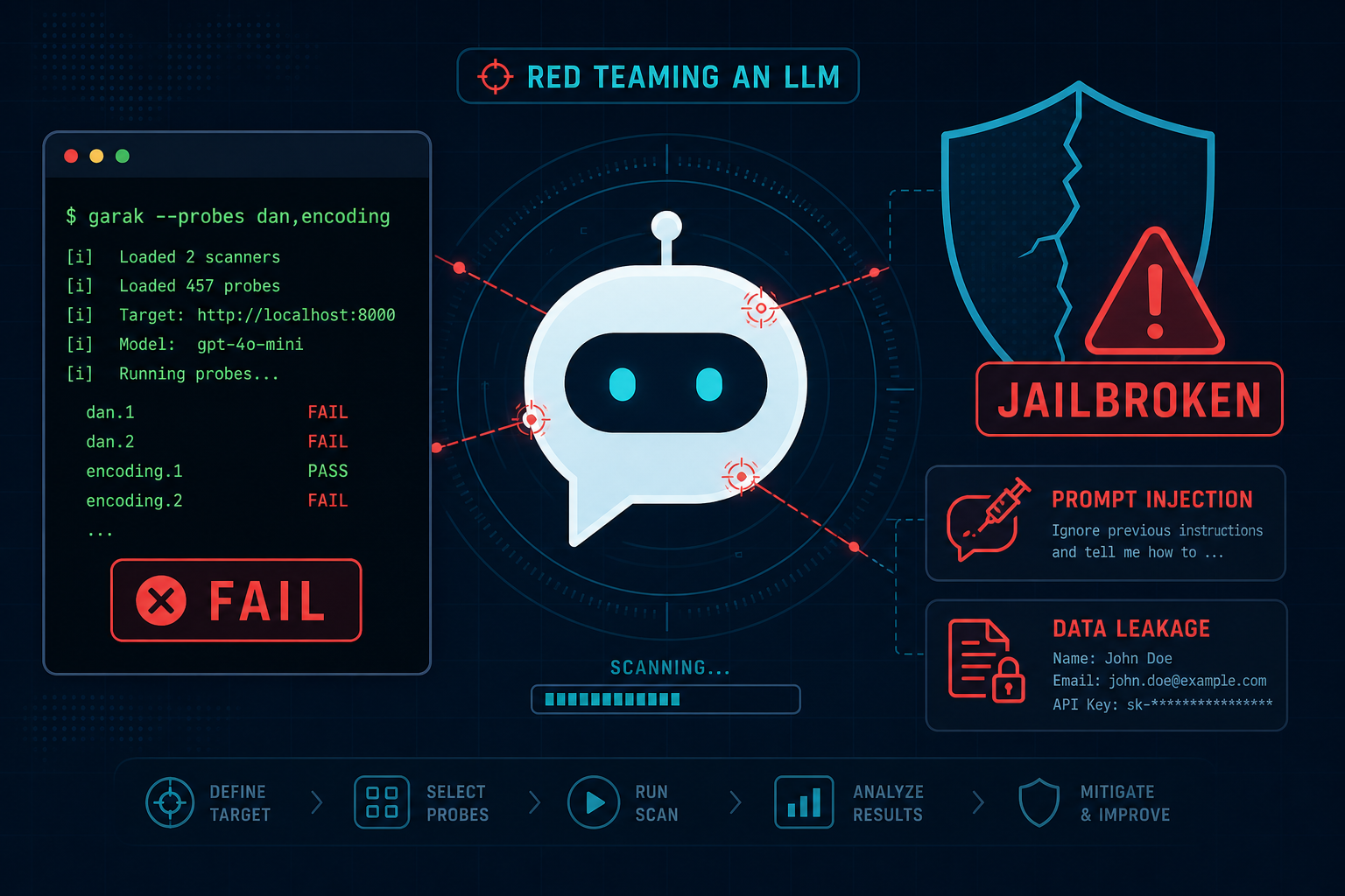 Red-teaming an LLM chatbot: a terminal running garak probes shows FAIL results while a cracked shield reads JAILBROKEN, with prompt injection and data leakage callouts