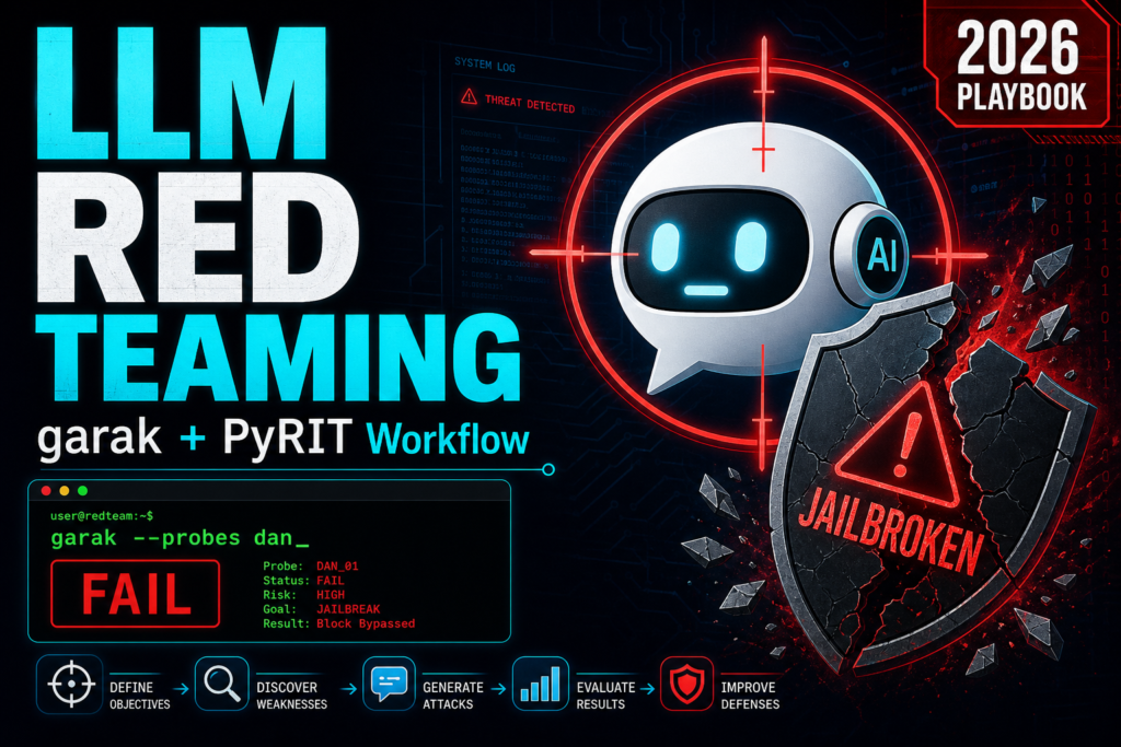 LLM red teaming thumbnail: an AI chatbot in a red crosshair with a broken shield reading JAILBROKEN and a garak scan showing a FAIL result