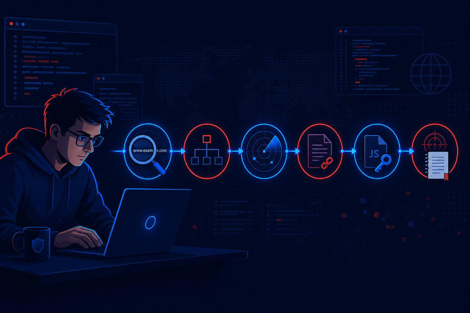 Bug bounty reconnaissance workflow with a hacker and a recon pipeline of subdomains, live hosts, URLs and JavaScript analysis