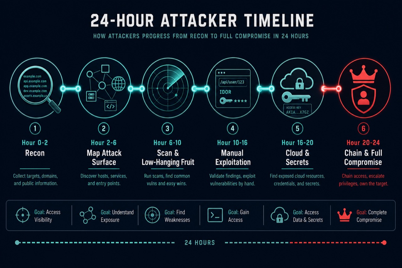 24-hour attacker timeline: recon, mapping, scanning, manual exploitation, cloud secrets, then chaining to full compromise