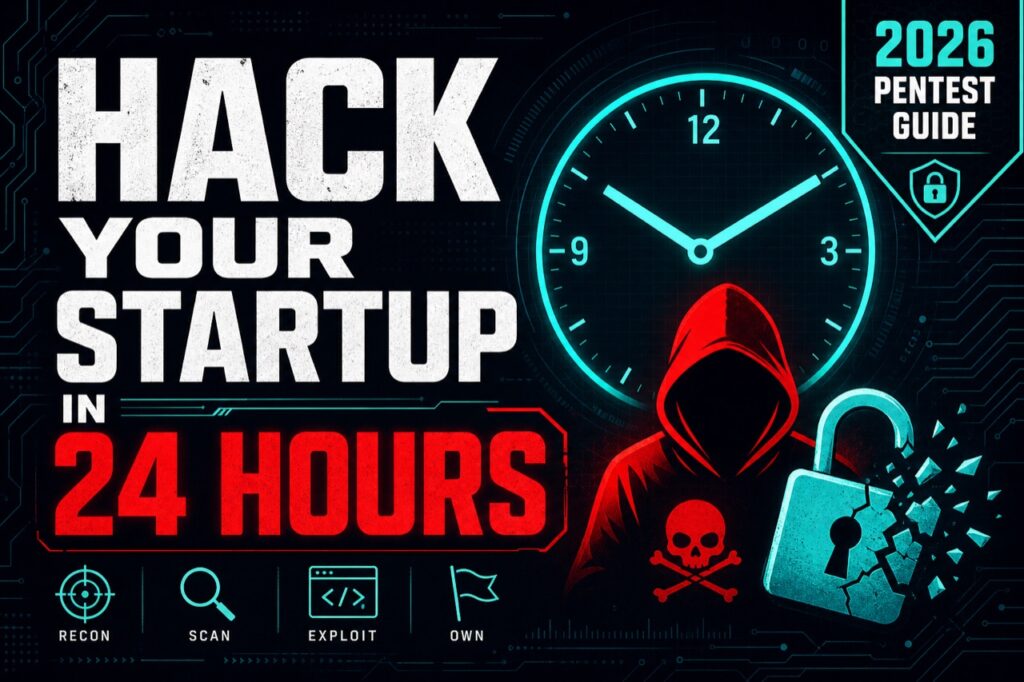 How I would hack your startup in 24 hours - 2026 pentest guide thumbnail with a clock, hooded attacker icon, and a breaking padlock