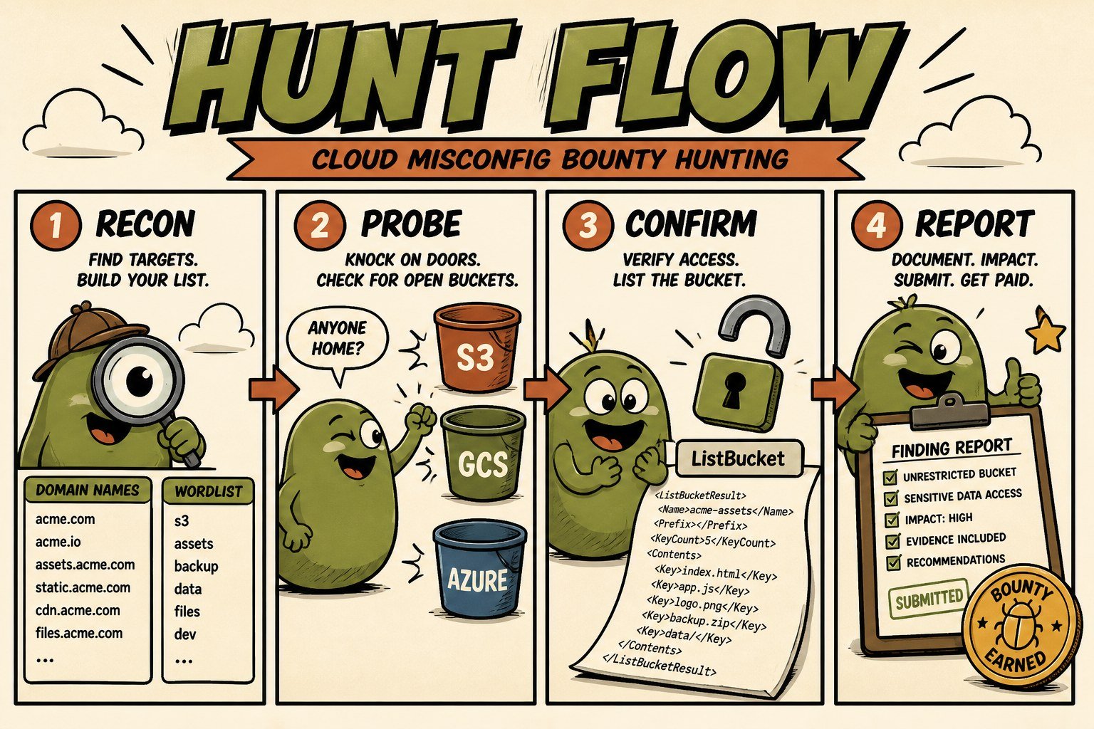 Four-panel cartoon hunt flow: recon, probe, confirm, report for cloud misconfig bounty hunting