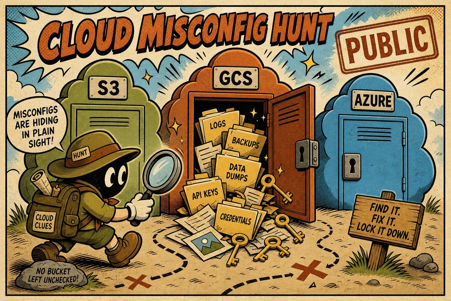 Cartoon treasure hunt across open S3, GCS, and Azure lockers with a hunter mascot and a PUBLIC stamp