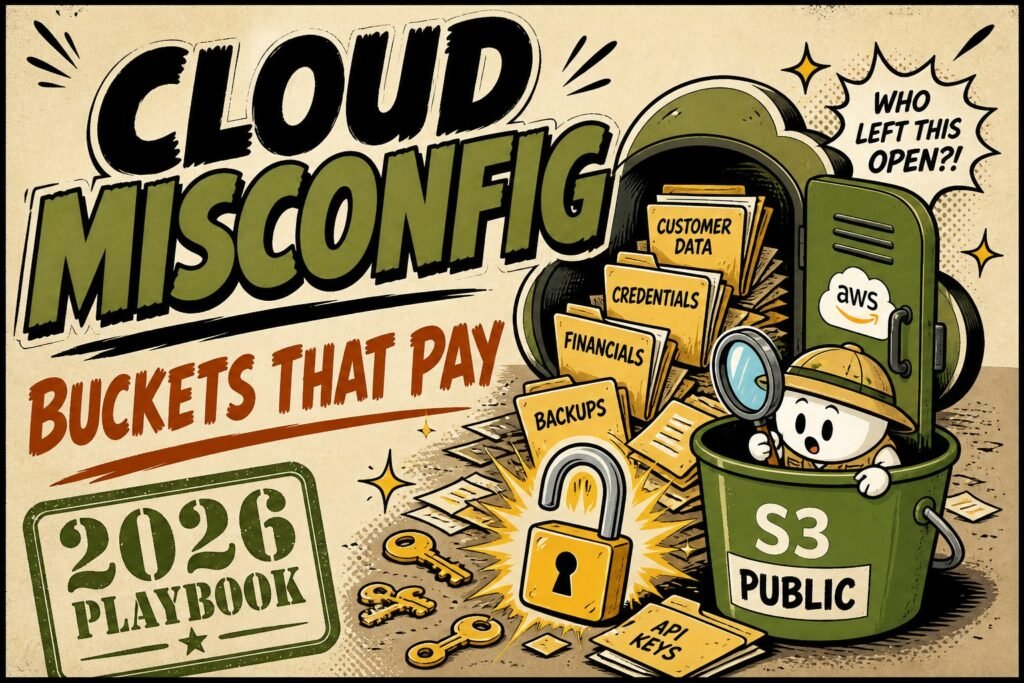 CLOUD MISCONFIG - BUCKETS THAT PAY cartoon thumbnail with unlocked cloud locker and 2026 PLAYBOOK badge