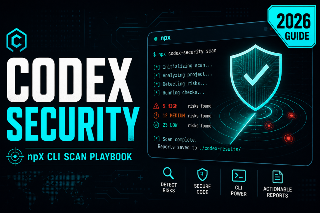 CODEX SECURITY npx CLI scan playbook thumbnail with terminal and shield, 2026 GUIDE