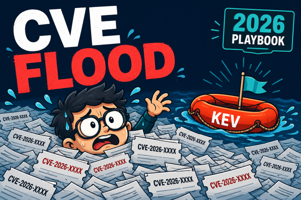 The CVE flood is a lie - cartoon thumbnail showing an analyst drowning in CVE tickets next to a KEV life raft, 2026 playbook badge