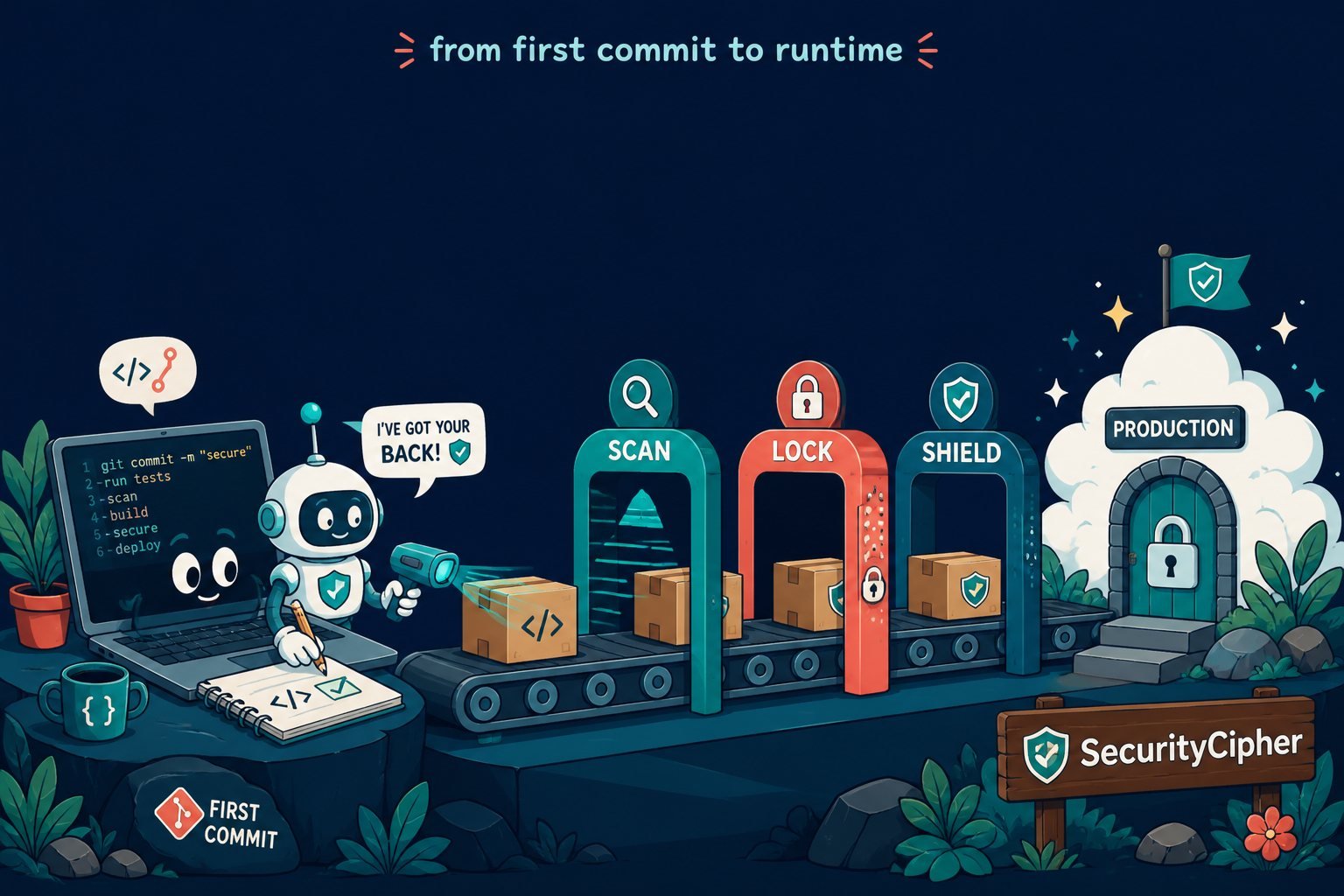 Cartoon DevSecOps pipeline from a laptop through security checkpoints to a locked production cloud