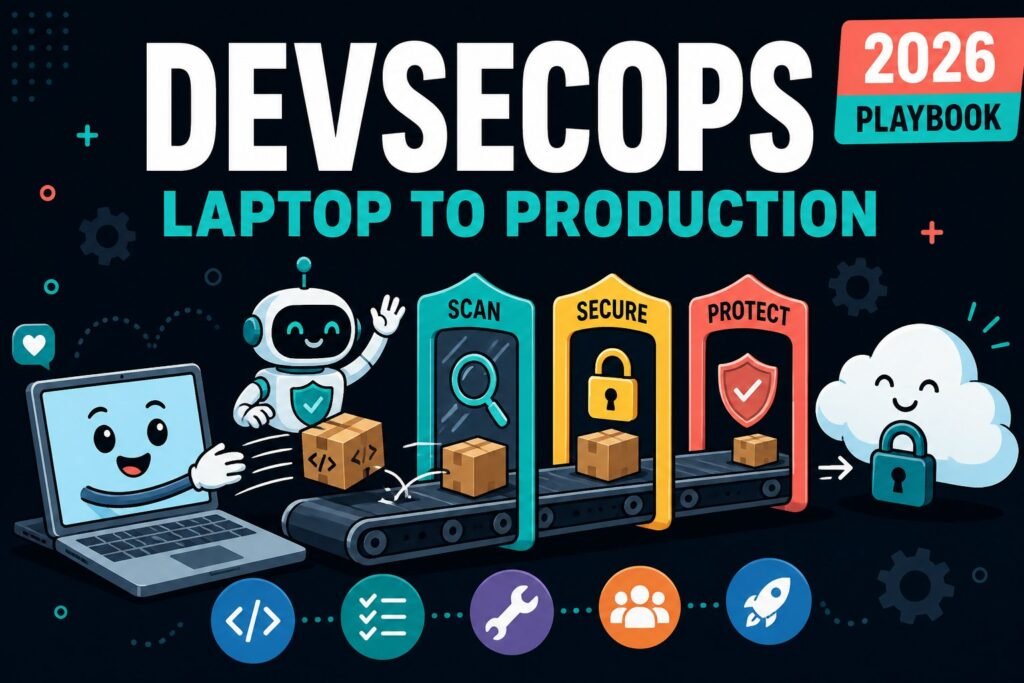 DevSecOps laptop to production 2026 playbook cartoon thumbnail