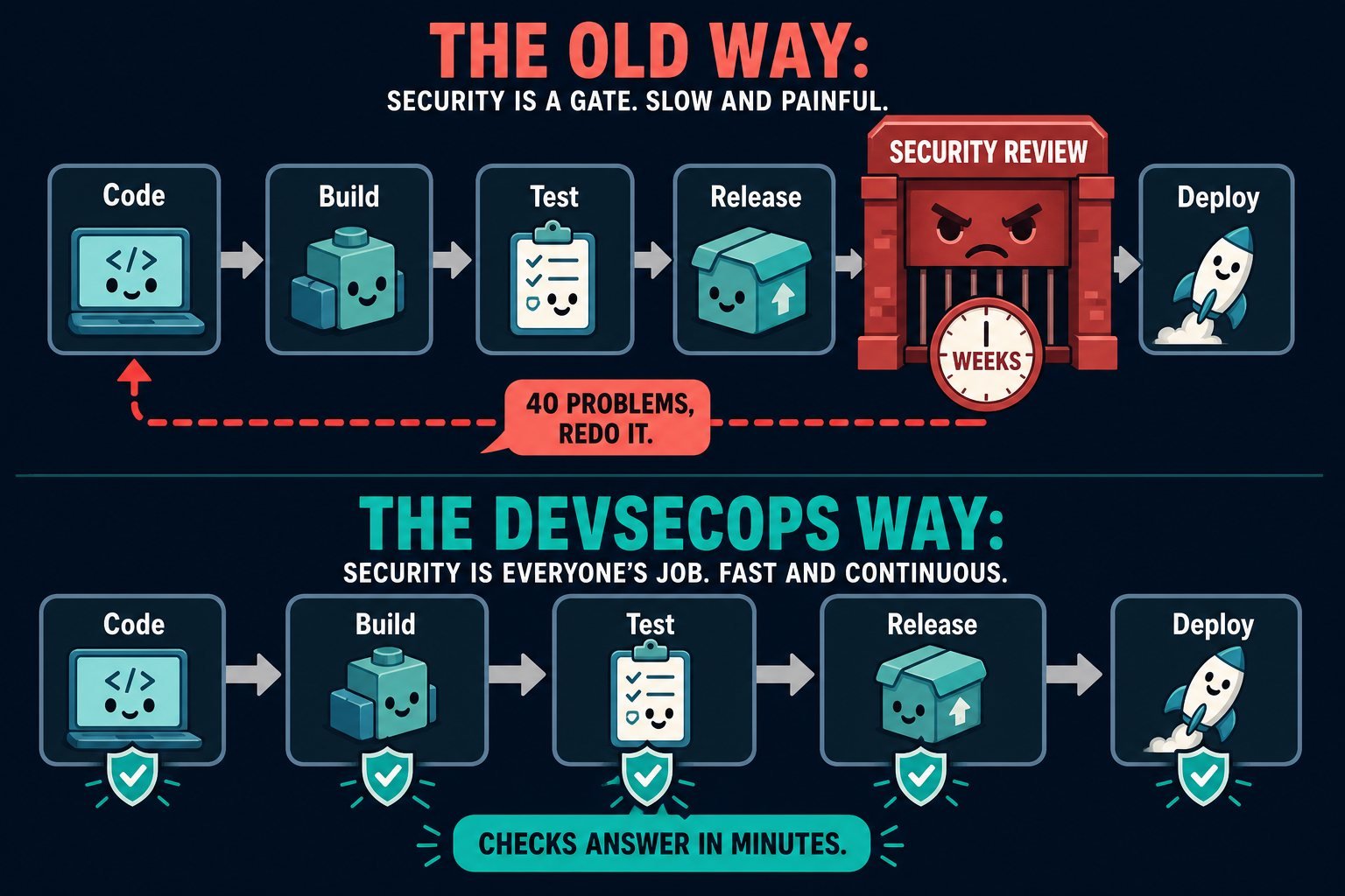 Cartoon comparing a slow end-gate security review with fast DevSecOps checks under each delivery stage